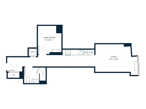 Floor plan for studio, 1 bath, 591 sqft